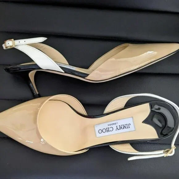 Jimmy Choo Women Patent Leather Pointed Colorblock Slingbacks Beige/Blk - Picture 4 of 10
